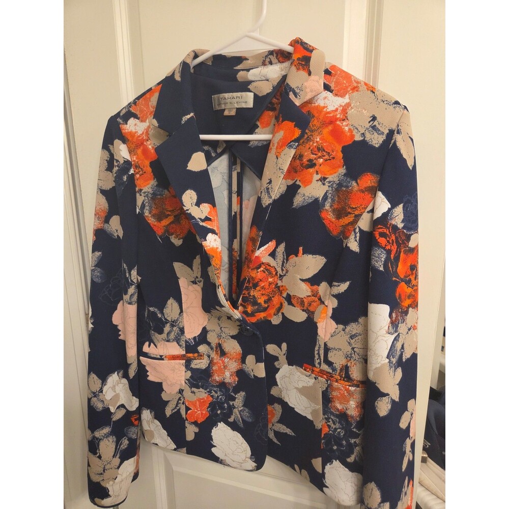 Tahari Floral-Print Blazer Navy Blue w/ Orange & Pink Flowers Sz 12